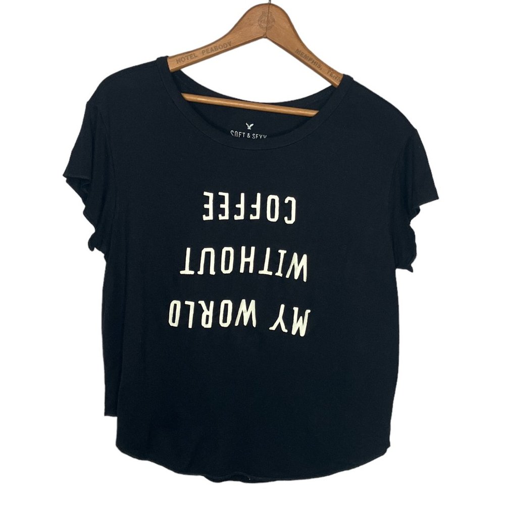 American Eagle XS Black Knit Soft & Sexy My Life Without Coffee T-Shirt Tee Top